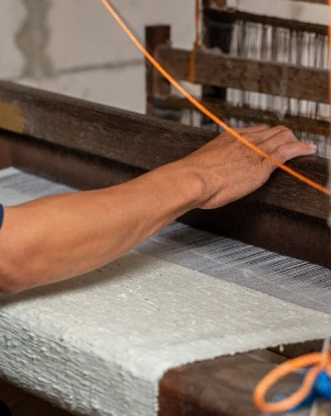 Step 3WeavingAt the coloring stage, we use natural dyes that come from natural ingredients such as spices, herbs and plants. These natural dyes not only provide beautiful and natural colors to products, but also do not cause hazardous waste or pollute the surrounding environment. With every product purchase Kupu Sutera (shoes, bags, scarves, etc.) you don't just get the product which is of high quality and has high aesthetic value, but also contributes to supporting nature conservation, reducing the impact of waste, and encouraging social inclusion for our friends who have disabilities.